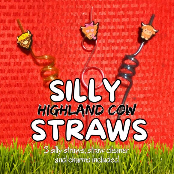 Silly Highland Cow Straw Bundle of 3 - RED, ORANGE & BLUE - Picture 1 of 4